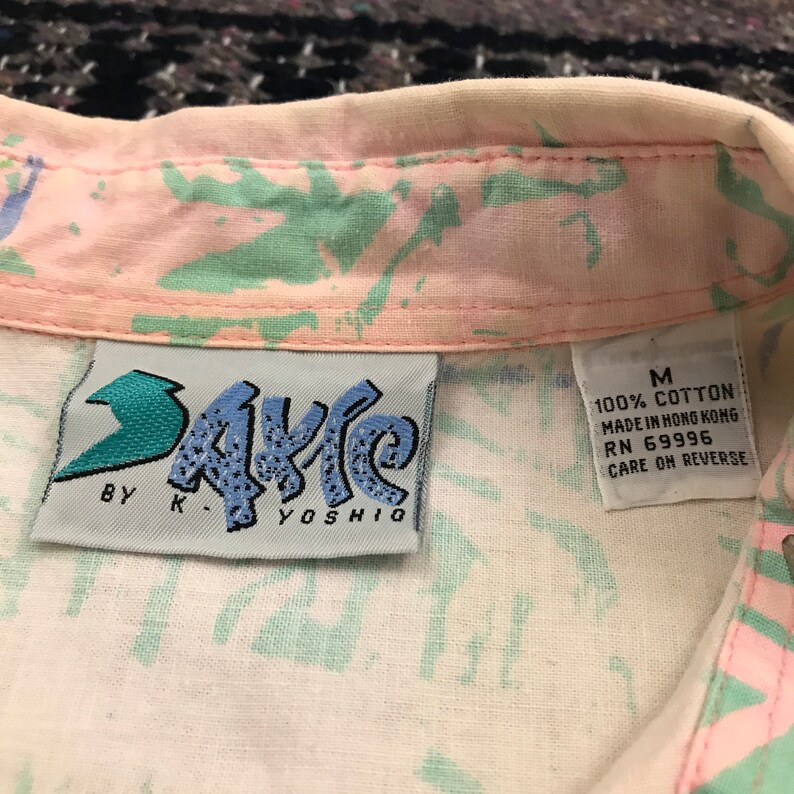 Vintage Hawaiian Shirt 80s 90s Surf All Over Print Button Down Shirt Aloha Camp Button Up Shirt Mens Medium Funky Abstract Geometric Hippie