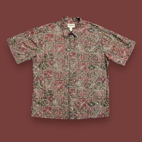 Vintage Hawaiian Shirt Leaf Print Geometric Camp … - image 1