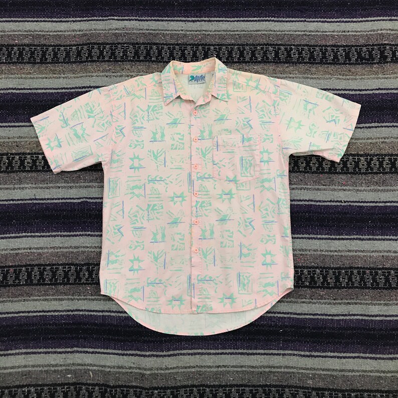 Vintage Hawaiian Shirt 80s 90s Surf All Over Print Button Down Shirt Aloha Camp Button Up Shirt Mens Medium Funky Abstract Geometric Hippie