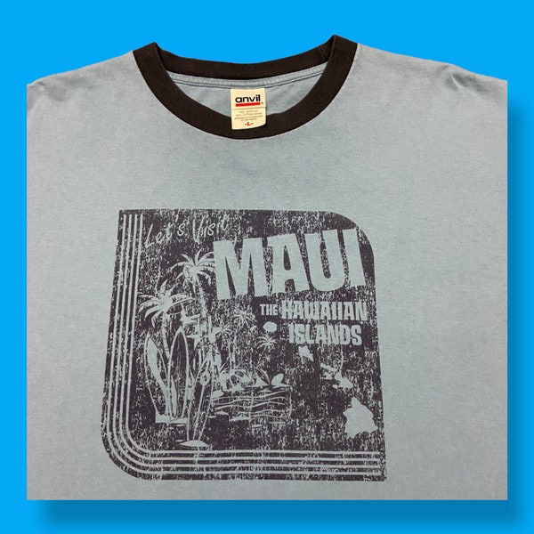 Vintage Maui Ringer Shirt 90s y2k Hawaii Graphic Tee Souvenir Mens Large Blue