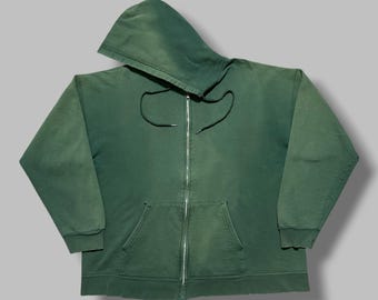 Vintage Sun Faded Hoodie Thrashed Blank Full Zip Hooded Sweatshirt 90s Green Mens Large