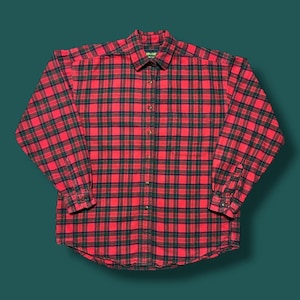 Vintage Flannel Shirt Plaid Long Sleeve Button Up 80s 90s Cotton Red Medium
