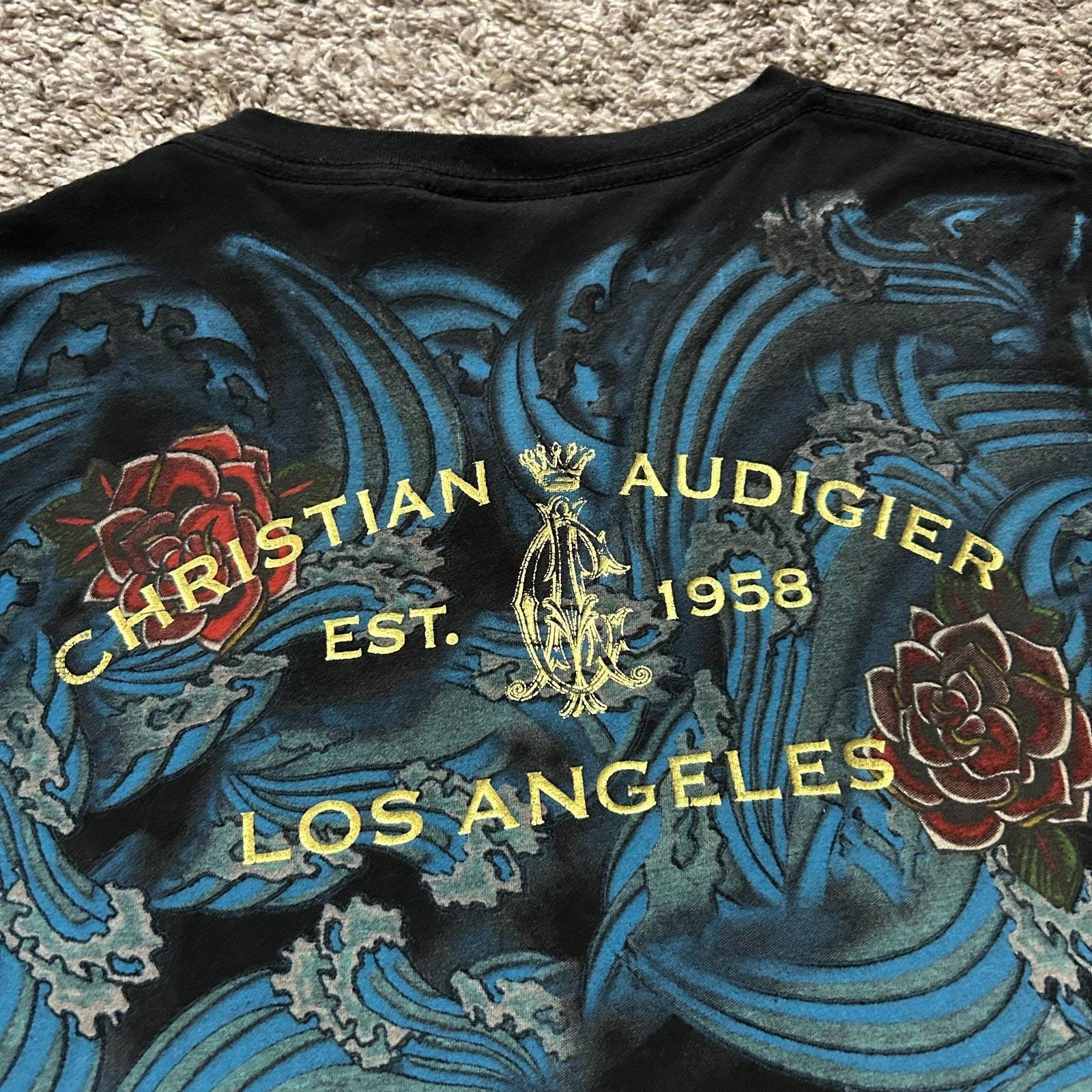レアy2kビンテージCHRISTIAN AUDIGIERロサンゼルスyzerr Vintage Christian Audigier Y2k Shirt Rose Art Wave Tattoo Style