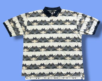 Polo Tabasco vintage de los 90 con estampado integral de pesca, algodón, talla XXL, para hombre, blanco y azul.