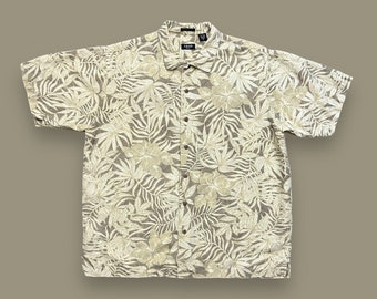 Vintage IZOD Golf Shirt Silk Linen Aloha Hawaiian Button Up y2k Beige Cream XL