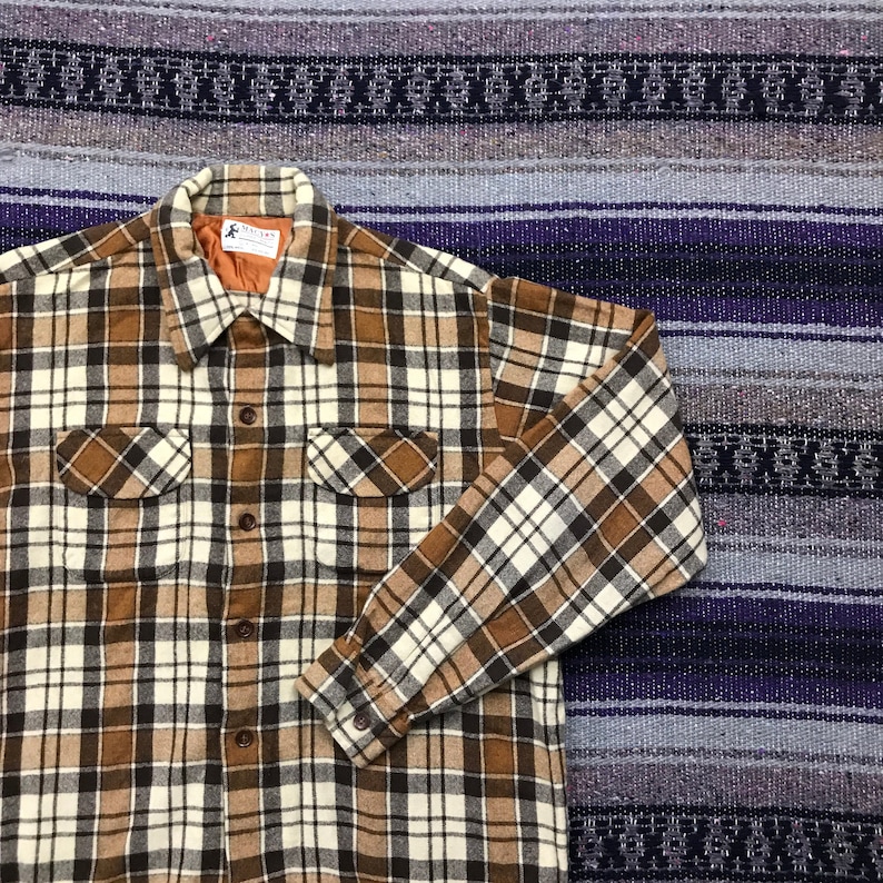Vintage Flannel Grunge Button Down Shirt Long Sleeve Plaid Brown Mens SM 90s Minimalist Aesthetic