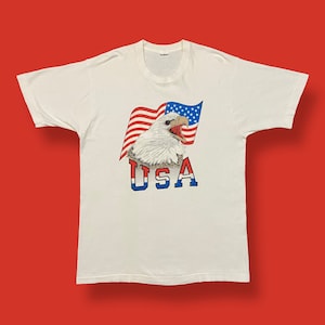 Vintage Bald Eagle Shirt USA Flag 80s 90s Graphic Tee White XL Single Stitch
