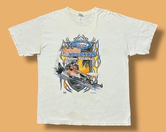 Camiseta vintage desgastada Y2K Racing Tee 2004 NHRA Nationals, blanca descolorida, XL