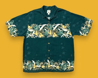 Chemise hawaïenne vintage, impression pigmentée, bouton Camp Floral Aloha des années 90 rayonne vert XL