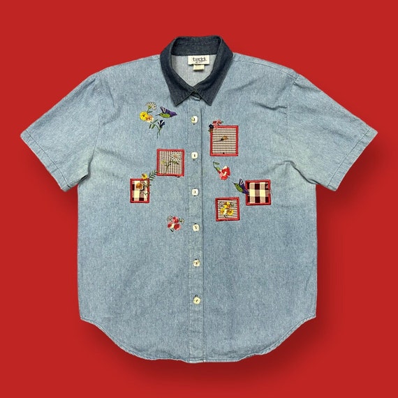 Vintage Denim Shirt Patchwork Hummingbird Flower … - image 1