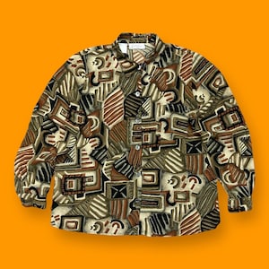 Vintage Funky Shirt Abstract Print Button Up Long Sleeve 80s 90s Polyester Women