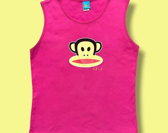 Vintage Paul Frank tanktop uit de jaren 2000, felroze, dames shirt met kleine apenprint.