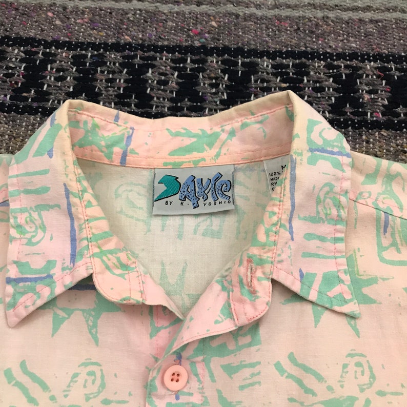 Vintage Hawaiian Shirt 80s 90s Surf All Over Print Button Down Shirt Aloha Camp Button Up Shirt Mens Medium Funky Abstract Geometric Hippie