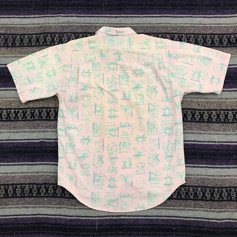 Vintage Hawaiian Shirt 80s 90s Surf All Over Print Button Down Shirt Aloha Camp Button Up Shirt Mens Medium Funky Abstract Geometric Hippie