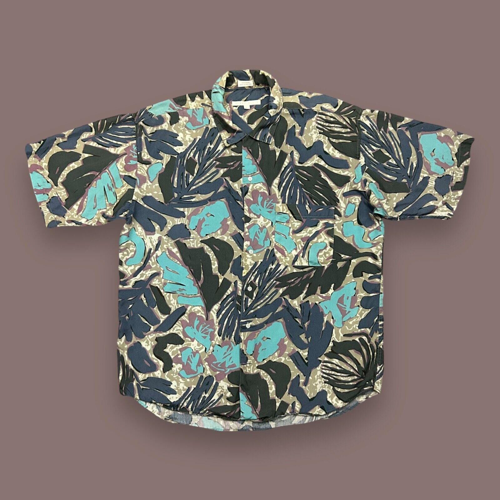 Vintage 80s Rayon Shirt Abstract Art All Over Print Button up 