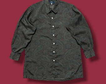 Camisa vintage de seda Sulka con estampado paisley, abotonada, manga larga, años 90, gris medio, rojo.