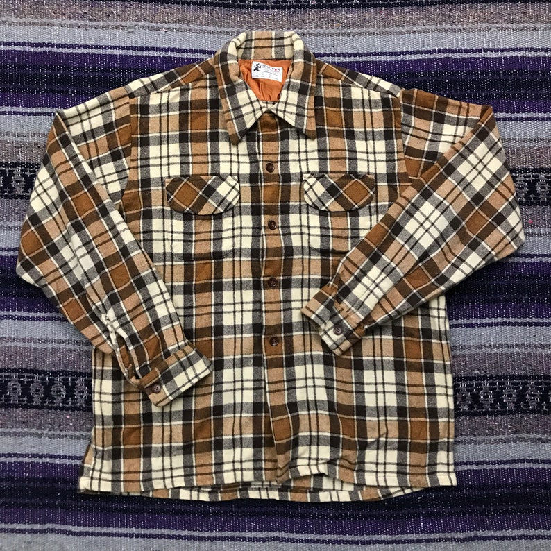Vintage Flannel Grunge Button Down Shirt Long Sleeve Plaid Brown Mens SM 90s Minimalist Aesthetic