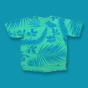 Vintage Floral Shirt Aloha Blank Short Sleeve 80s 90s Blue Tropical Hawaii