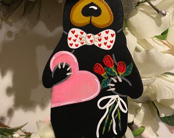 BLACK BEAR Wood Valentine Ornament
