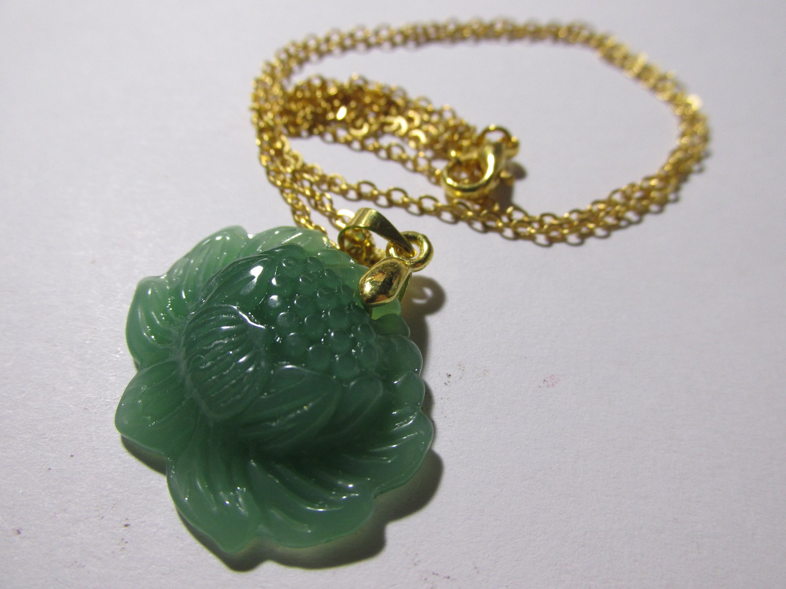 Green Jade Lotus Pendant with Gold Tone Chain 18 Etsy