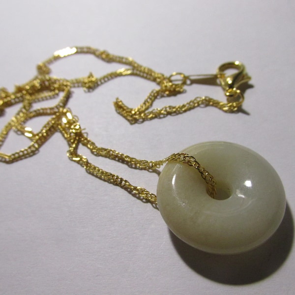 Chinese Yellowish-Tan Jade Donut "Pi" Pendant with Chain, 16"