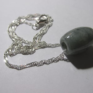 Chinese Green Jade Tube Bead Charm-Pendant with Silver Tone Chain, 16&quot;