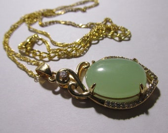 Chinese Light Green Jade Oval Pendant with Faux Diamonds on Gold Tone Chain, 18"