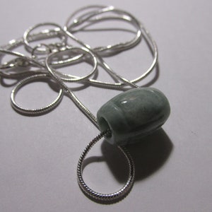 Chinese Green Jade Tube Bead Charm-Pendant with Silver Tone Chain, 23&quot;