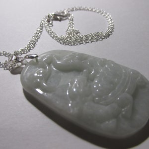 Carved Grayish-White Jade Pendant of Legendary Dragon-Turtle and Stork Necklace,  21&#39;&quot;