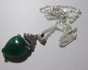 Chinese Green Jade Heart Shape Pendant with Faux Diamonds, 19"