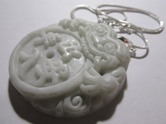 24 Carved White Jade Stone Pendant of Mythical Kylin with Silver Tone Chain