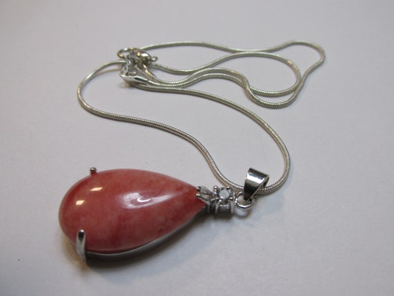 Pink and White Jade Teardrop Pendent with Silver … - image 1