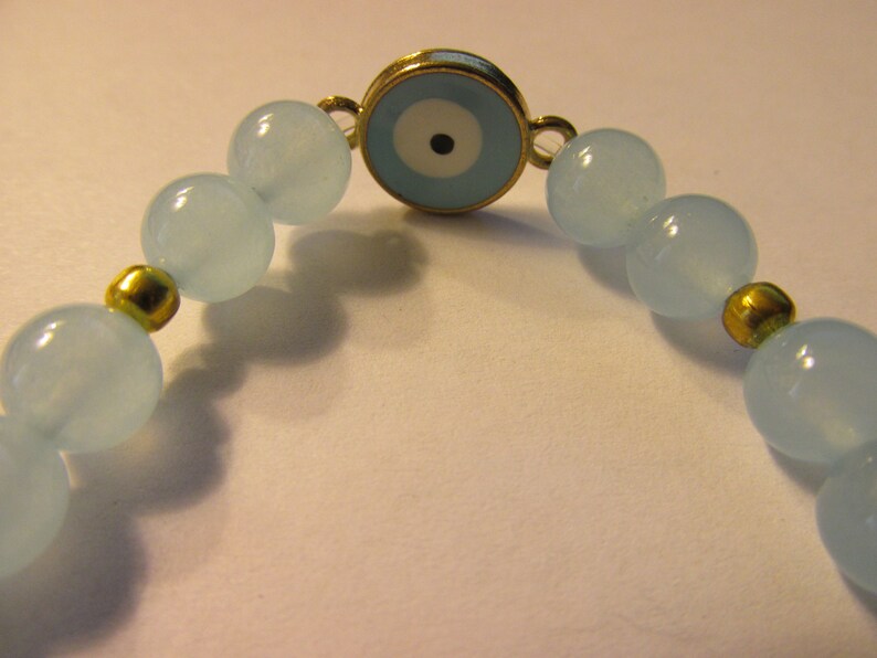Blue Jade Bead Expandable Bracelet with Evil Eye Charm One Size