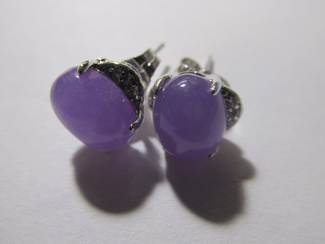 Lavender Jade Stud Earrings With Faux Diamonds in Silver Tone Setting