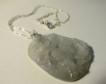 Carved Jade Pendant of Kylin with Silver Tone Chain, 18"