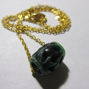 Carved Green Jade Tube Bead Pendant with Gold Tone Chain, 18&quot;
