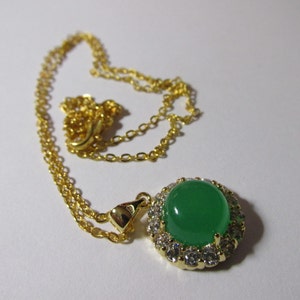 Round Green Jade Pendant with Faux Diamonds on Gold Tone Chain, 18&quot;