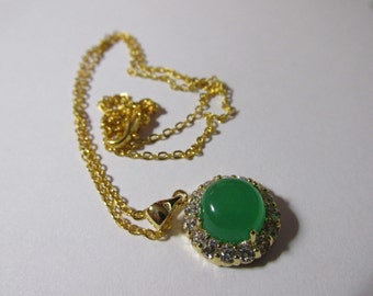 Round Green Jade Pendant with Faux Diamonds on Gold Tone Chain, 18"