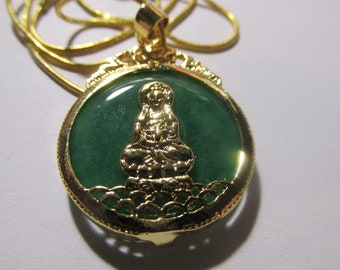 Green Jade Kwan Yin Pendant-Necklace with Faux Diamond, 16"