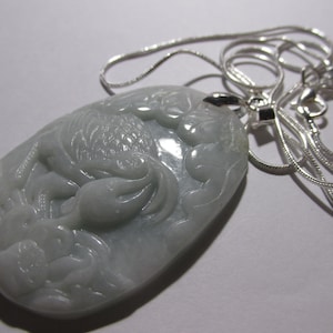 Carved Mint Green Jade Pendant of Crane Bird with Silver Tone Snake Chain, 23&quot;