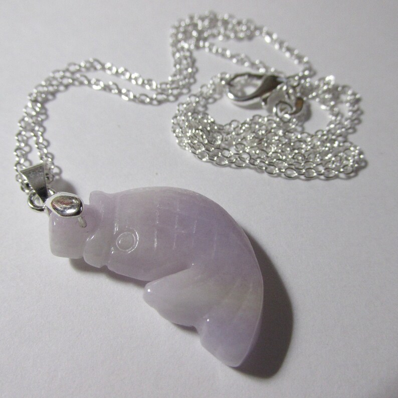 Lavender Jade Fan Tail Goldfish Pendant with Silver Tone Chain 23