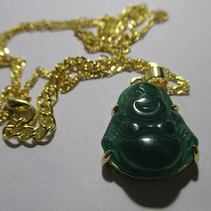 Dark Green Mini Jade Laughing Buddha Pendant with Gold Tone Chain, 18&quot;