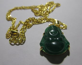 Dark Green Mini Jade Laughing Buddha Pendant with Gold Tone Chain, 18"