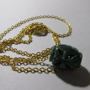 Carved Green Jade Tube Bead Pendant with Gold Tone Chain, 18&quot;