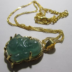 Brushed Told Finish Green Jade Buddha Charm-Pendant with Gold Tone Chain, 15&quot;