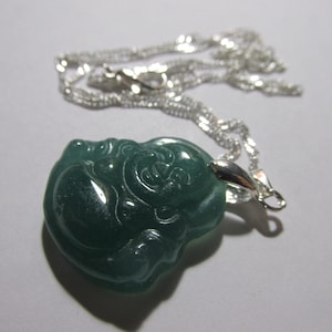 Green Jade Laughing Buddha Pendant with Silver Tone Chain, 16&quot;