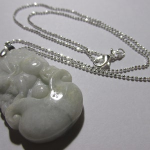 Carved White Jade Pendant of Bunny Rabbit on Silver Tone Chain, 18&quot;