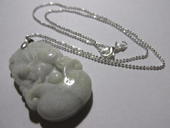 Carved White Jade Pendant of Bunny Rabbit on Silv… - image 1