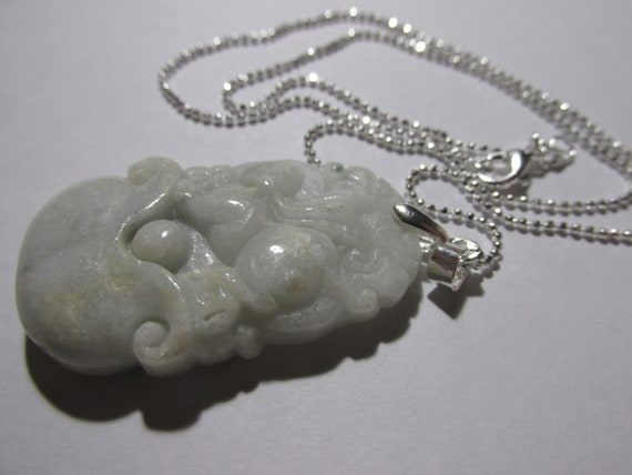 Carved White Jade Pendant of Bunny Rabbit on Silv… - image 2