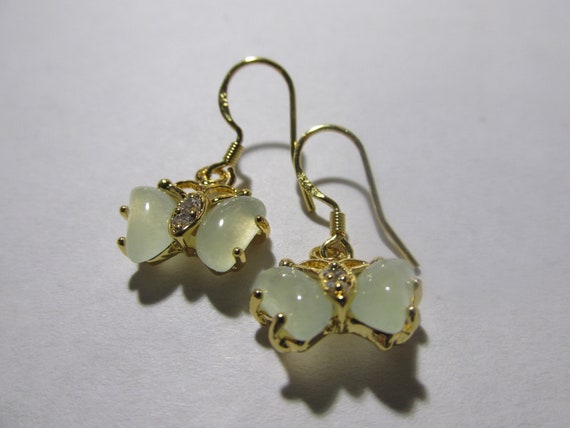 Light Green Jade Butterfly Earrings With Faux Diamonds in Gold